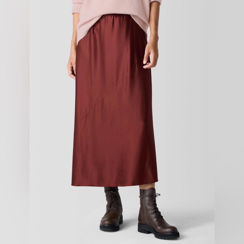 Eileen Fisher Stretch Silk Charmeuse Bias Full Length Skirt NWT Rich Redwood L